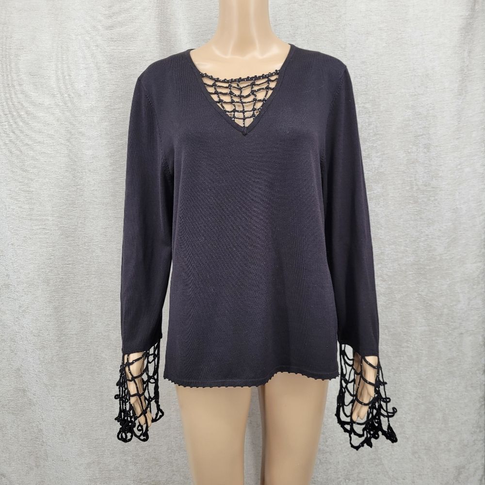 Michael Simon Event Y2k 2002 Halloween  Black Crochet Spider Web Trim Top